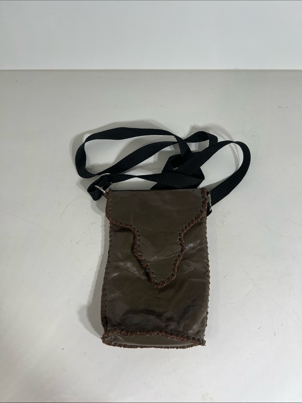 Men's Brown Leather Messenger Crossbody Pouch with Black Strap